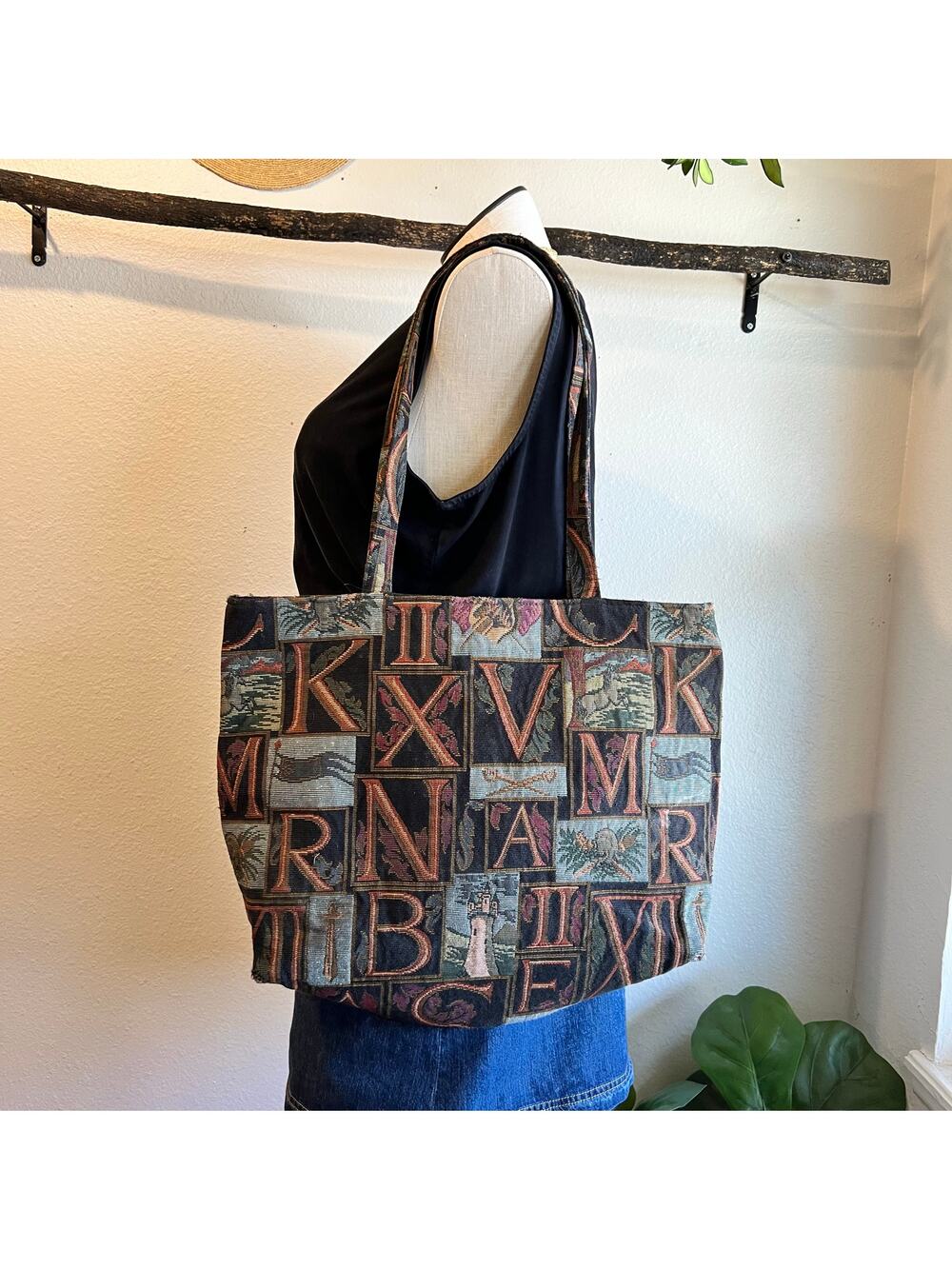 Vintage 90s Woven Tapestry Storybook Alphabet Castle XL Tote Bag